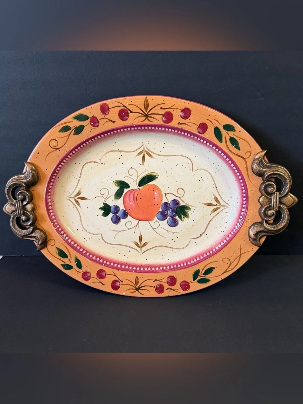 Julie Ueland Ceramic Oval Sering Tray Mediterranean Fruit Peach Grape Terracotta